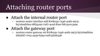 Attaching router ports
● Attach the internal router port
○ neutron router-interface-add 87e8ca5c-7446-40d2-9973-
b57c6a9f1b0a 68f34192-72d7-4e4d-82ae-b87410113a9a
● Attach the gateway port
○ neutron router-gateway-set 87e8ca5c-7446-40d2-9973-b57c6a9f1b0a
dab3f1f7-7015-4439-b393-0ad75d2de536
 