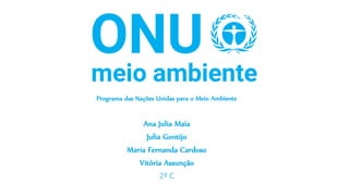 Programa das Nações Unidas para o Meio Ambiente
Ana Julia Maia
Julia Gontijo
Maria Fernanda Cardoso
Vitória Assunção
2º C
 