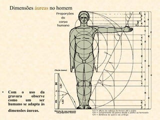 Dimensões  áureas  no homem   Com o uso da gravura observe como um ser humano se adapta às dimensões áureas.   