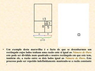 Um exemplo desta maravilha é o facto de que se desenharmos um rectângulo cujos lados tenham uma razão ente si igual ao  Número de Ouro  este pode ser dividido num quadrado e noutro rectângulo em que este tem, também ele, a razão entre os dois lados igual ao  Número de Ouro . Este processo pode ser repetido indefinidamente mantendo-se a razão constante  . 