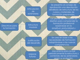 Directrices para
la formación
Articulación
de
estándares
Estructura
modular
Justificación
del desarrollo
Mejoras
futuras
Se presenta al consejo de
aprobación una descripción
detallada de estructura de los
cursos y materiales de
formación preparados.
Los planes de formación se
diseñan para comprender la
formación profesional
basándose en la
amplitud, profundidad y
funcionalidad
Se crea en base a las
necesidades de formación
adaptándose a las nuevas
competencias.
Mecanismo para revisar
periódicamente la estructura y
contenido de los estándares
según su evolución.
 