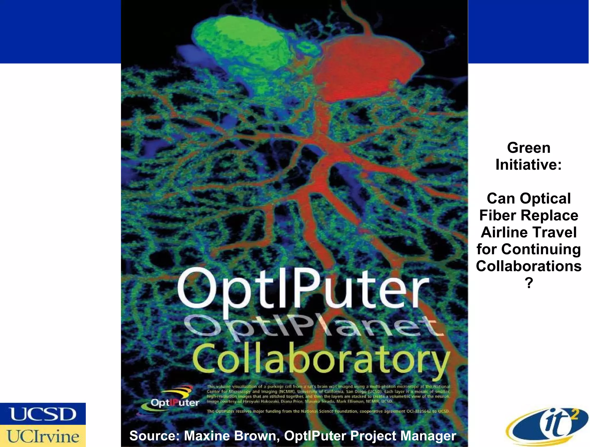 Source: Maxine Brown, OptIPuter Project Manager Green Initiative: Can Optical Fiber Replace Airline Travel for Continuing Collaborations? 