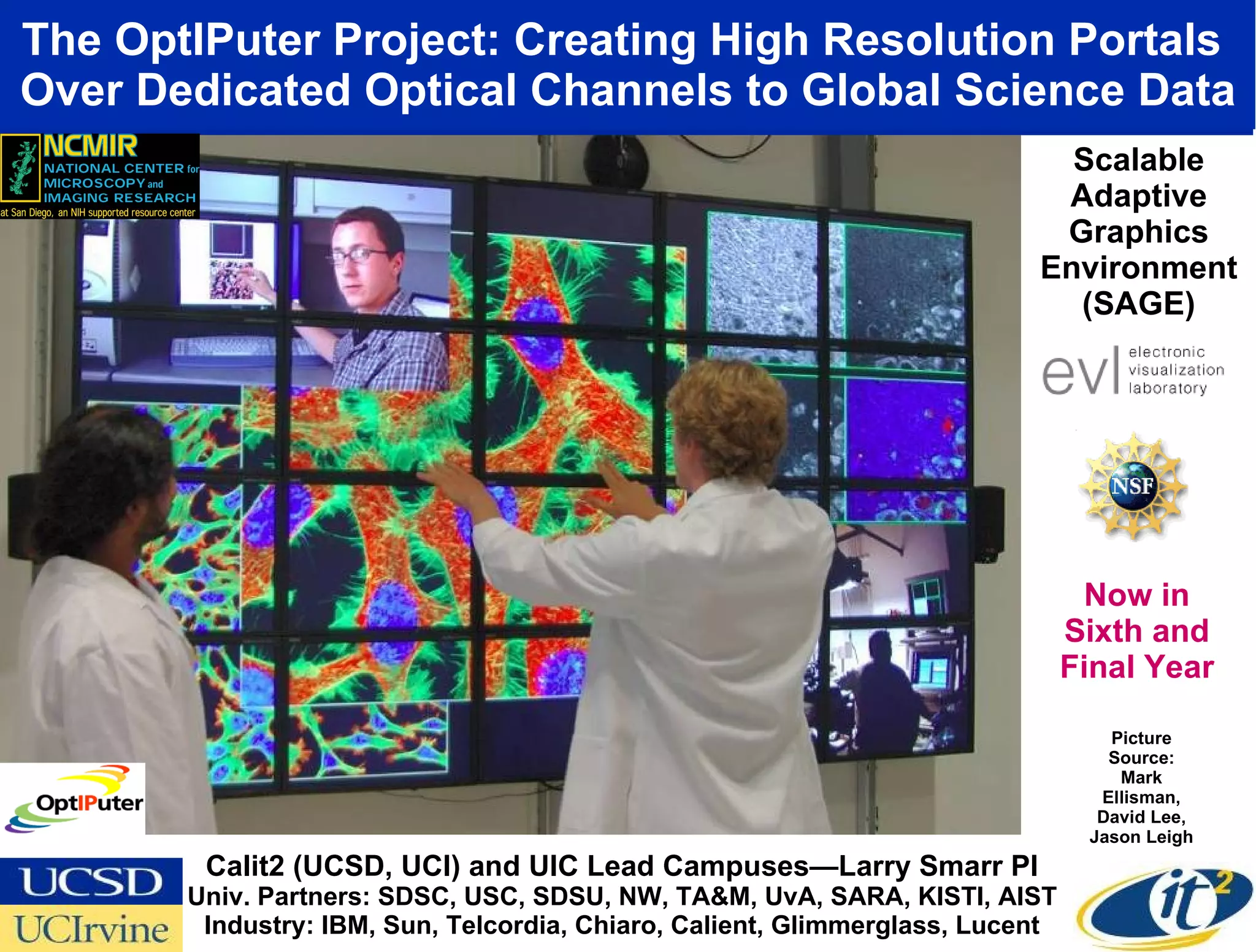 The OptIPuter Project: Creating High Resolution Portals  Over Dedicated Optical Channels to Global Science Data Picture Source: Mark Ellisman, David Lee, Jason Leigh Calit2 (UCSD, UCI) and UIC Lead Campuses—Larry Smarr PI Univ. Partners: SDSC, USC, SDSU, NW, TA&M, UvA, SARA, KISTI, AIST Industry: IBM, Sun, Telcordia, Chiaro, Calient, Glimmerglass, Lucent Now in Sixth and Final Year Scalable Adaptive Graphics Environment (SAGE) 