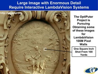 Large Image with Enormous Detail Require Interactive LambdaVision Systems One Square Inch Shot From 100 Yards The OptIPuter Project is Pursuing Obtaining some of these Images for LambdaVision 100M Pixel Walls http://gigapxl.org 