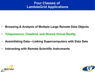 Four Classes of  LambdaGrid Applications Browsing & Analysis of Multiple Large Remote Data Objects Telepresence, CineGrid, and Shared Virtual Reality Assimilating Data—Linking Supercomputers with Data Sets Interacting with Remote Scientific Instruments 