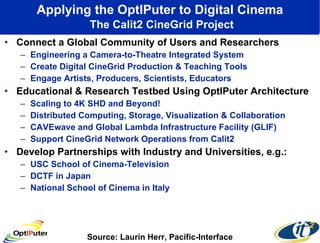 Applying the OptIPuter to Digital Cinema   The Calit2 CineGrid Project Connect a Global Community of Users and Researchers Engineering a Camera-to-Theatre Integrated System Create Digital CineGrid Production & Teaching Tools  Engage Artists, Producers, Scientists, Educators Educational & Research Testbed Using OptIPuter Architecture  Scaling to 4K SHD and Beyond! Distributed Computing, Storage, Visualization & Collaboration CAVEwave and Global Lambda Infrastructure Facility (GLIF) Support CineGrid Network Operations from Calit2 Develop Partnerships with Industry and Universities, e.g.: USC School of Cinema-Television DCTF in Japan National School of Cinema in Italy Source: Laurin Herr, Pacific-Interface 