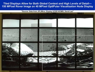 Tiled Displays Allow for Both Global Context and High Levels of Detail— 150 MPixel Rover Image on 40 MPixel OptIPuter Visualization Node Display "Source: Data from JPL/Mica; Display UCSD NCMIR, David Lee" 