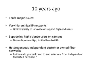 10 years ago Three major issues: Very hierarchical IP networks Limited ability to innovate or support high end users Supporting high science users on campus Firewalls, misconfigs, limited bandwidth  Heterogeneous independent customer owned fiber networks But how do you build end to end solutions from independent federated networks? 