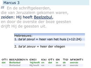Marcus 3
22 En de schriftgeleerden,
die van Jeruzalem gekomen waren,
zeiden: Hij heeft Beelzebul,
en door de overste der boze geesten
drijft Hij de geesten uit.
Hebreeuws:
1. ba'al zevul = heer van het huis (>12:24)
2. ba'al zevuv = heer der vliegen
 