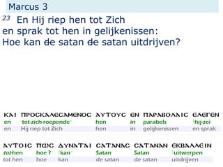 Marcus 3
23 En Hij riep hen tot Zich
en sprak tot hen in gelijkenissen:
Hoe kan de satan de satan uitdrijven?
 