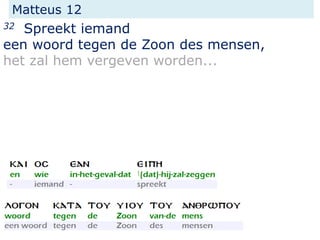 Matteus 12
32 Spreekt iemand
een woord tegen de Zoon des mensen,
het zal hem vergeven worden...
 