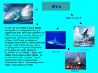 La mar  és una massa d'aigua salada (coneguda com a aigua de mar) que cobreix una gran part de la superfície de la Terra. Les grans masses d'aigua que separen els continents s'anomenen oceans, mentre que les divisions d'aquests oceans més o menys tancades per parts dels continents o per illes i arxipèlags són conegudes simplement com a mars, les quals alhora se subdivideixen en masses d'aigua més petites anomenades golfs i badies i es connecten a través d'estrets. També s'anomenen mars els grans llacs, habitualment salats, que no desguassen enlloc, com ara la mar d'Aral Qui hi viu? Dofins Tauró Manta 