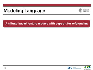 Modeling Language
18
Attribute-based feature models with support for referencing
 