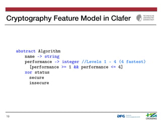 Cryptography Feature Model in Clafer
19
1 abstract Algorithm
2 name -> string
3 performance -> integer //Levels 1 - 4 (4 f...
