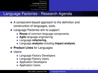 Motivation
                    Language Factories
                 Language Components
                           Case Study
                  The Research Agenda


Language Factories - Research Agenda

     A component-based approach to the deﬁnition and
     construction of languages, tools.
     Language Factories aim to support:
         Reuse of common language components.
         Agile language engineering.
         Language refactoring.
         Language analysis including impact analysis.
     Product Lines for Languages
     Users:
         Language Factory Developers
         Language Factory Users
         Application Developers
         Application Users

               Tony Clark, Laurence Tratt   Language Factories
 