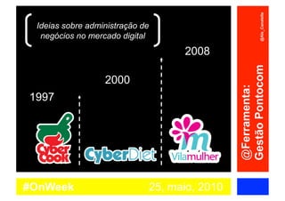 @Ale_Canatella
 Ideias sobre administração de
  negócios no mercado digital
                                   2008




                                              Gestão Pontocom
                  2000




                                              @Ferramenta:
1997




#OnWeek                      25, maio, 2010
 