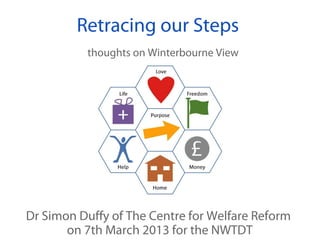 Retracing our Steps
          thoughts on Winterbourne View




Dr Simon Duffy of The Centre for Welfare Reform
       on 7th March 2013 for the NWTDT
 