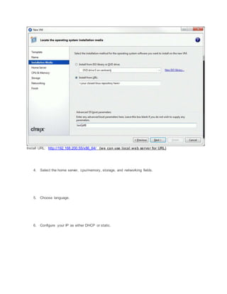 Install URL: http://192.168.200.55/x86_64/ (we can use local web server for URL)
4. Select the home server, cpu/memory, storage, and networking fields.
5. Choose language.
6. Configure your IP as either DHCP or static.
 