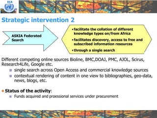 ECA




Strategic intervention 2
                                       • facilitate the collation of different
                                         knowledge types on/from Africa
     ASKIA Federated
     Search                            • facilitates discovery, access to free and
                                         subscribed information resources
                                       • through a single search

Different competing online sources Bioline, BMC,DOAJ, PMC, AJOL, Scirus,
Research4Life, Google etc.
       single search across Open Access and commercial knowledge sources
       contextual rendering of content in one view to bibliographies, geo-data,
       news, blogs, etc.

 Status of the activity:
        Funds acquired and proessional services under procurement
 