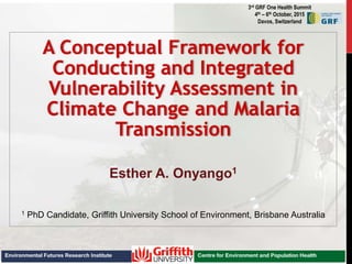 Centre for Environment and Population HealthEnvironmental Futures Research Institute
3rd GRF One Health Summit
4th – 6th October, 2015
Davos, Switzerland
A Conceptual Framework for
Conducting and Integrated
Vulnerability Assessment in
Climate Change and Malaria
Transmission
Esther A. Onyango1
1 PhD Candidate, Griffith University School of Environment, Brisbane Australia
 