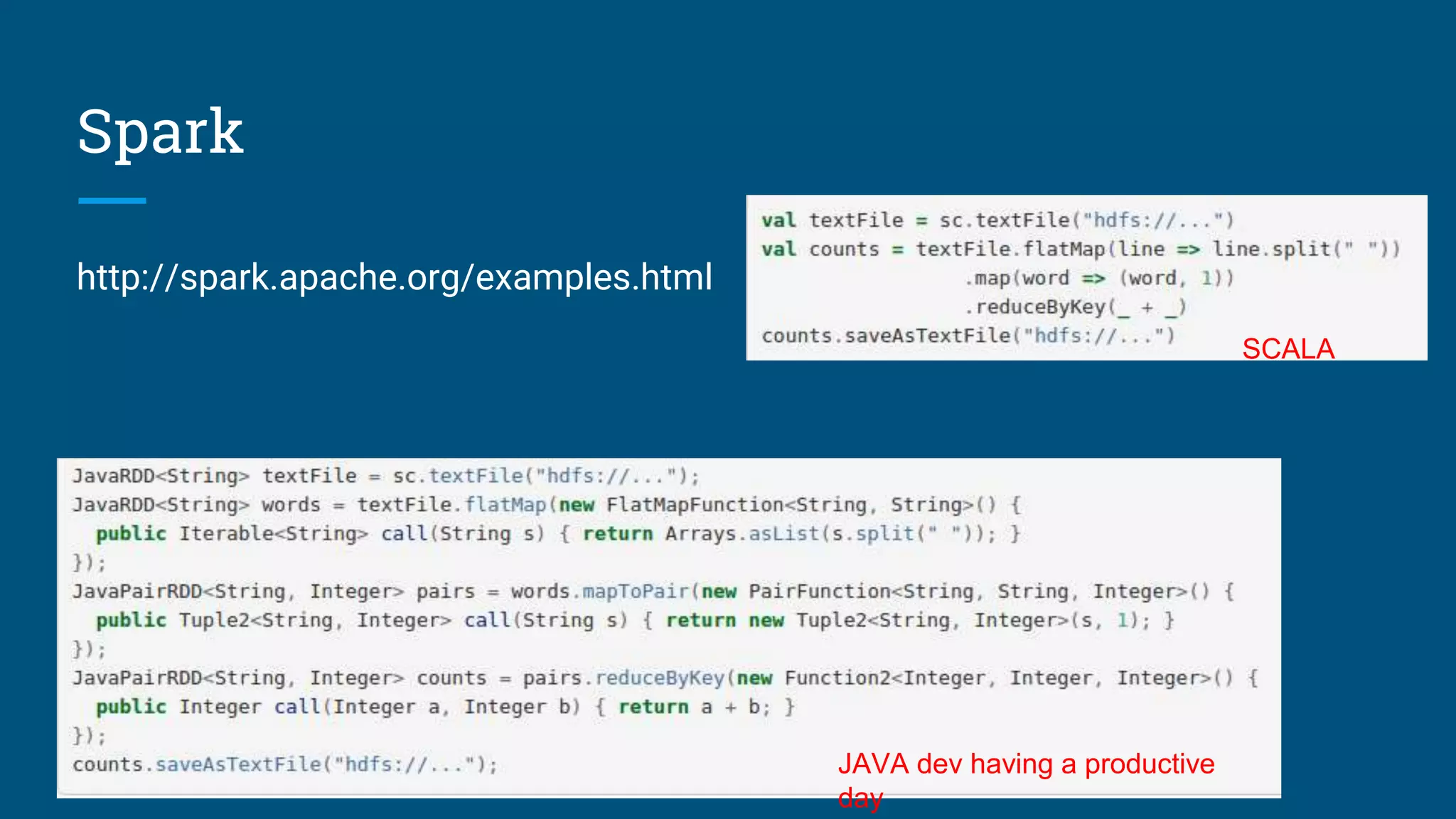 Spark http://spark.apache.org/examples.html SCALA JAVA dev having a productive day 