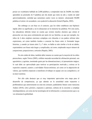 45
poseer un vocabulario hablado de 2,600 palabras y comprender más de 20,000, tras haber
aprendido un promedio de 9 palabras por día desde que tenía un año y medio de edad
aproximadamente; cantidad que aumentara cuatro veces su número -alcanzando 80,000
palabras al entrar a la secundaria- con ayuda de la educación formal (Papalia, 2003).
Sin embargo es con base en el contexto, que los niños establecen una hipótesis
rápida sobre su significado y así la almacenan en la memoria las palabras. Por esta razón,
las educadoras deberán tomar en cuenta que existen muchos alumnos que entran al
preescolar con muy poca estimulación por parte de sus familias; ya que por ejemplo, los
niños de 4 años emplean oraciones complejas con cláusulas si sus padres utilizan tales
expresiones, así como también tienden a conectar las frases entre sí formando largas
historias, y cuando ya tienen entre 5 y 7 años, su habla es más similar a la de un adulto,
expresándose con frases más largas y complicadas, así como, empleando mayor número de
conjunciones, preposiciones y artículos (Papalia, 2003).
En otro orden de ideas, también debe tomarse en cuenta que la mayoría de los niños
preescolares, según Torres (2005), exhiben marcada necesidad de afirmación personal, son
egocéntrico y egoístas, mostrando gusto por las dramatizaciones y el pensamiento mágico,
lo cual debe ser aprovechado para motivar su participación motivada y exitosa en la
expresión corporal, cuentos y actividades físicas-artísticas; así como en la adquisición de
valores, que también empiezan a manifestar al trabajar en equipo con sus compañeros y al
no decir mentiras.
Por ello cabe destacar que es muy importante aprovechar esta etapa para el
desarrollo de competencias, ya que además en la actualidad están expuestos a
problemáticas que anteriormente no eran tan comunes, pudiéndoles llamar como menciona
Andere (2010), niños globales, expuestos a patrones, culturas de la creciente y compleja
interdependencia; así como de las tecnologías de la información y comunicaciones que a su
vez alimentan la globalidad.
 