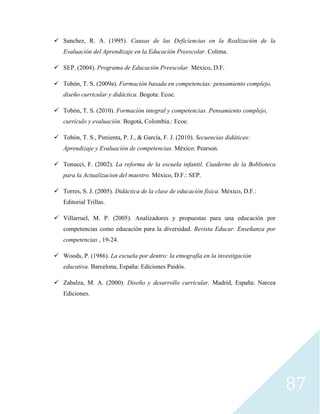 87
 Sanchez, R. A. (1995). Causas de las Deficiencias en la Realización de la
Evaluación del Aprendizaje en la Educación Preescolar. Colima.
 SEP. (2004). Programa de Educación Preescolar. México, D.F.
 Tobón, T. S. (2009a). Formación basada en competencias: pensamiento complejo,
diseño curricular y didáctica. Bogota: Ecoe.
 Tobón, T. S. (2010). Formación integral y competencias. Pensamiento complejo,
currículo y evaluación. Bogotá, Colombia.: Ecoe.
 Tobón, T. S., Pimienta, P. J., & García, F. J. (2010). Secuencias didáticas:
Aprendizaje y Evaluación de competencias. México: Pearson.
 Tonucci, F. (2002). La reforma de la escuela infantil. Cuaderno de la Boblioteca
para la Actualizacion del maestro. México, D.F.: SEP.
 Torres, S. J. (2005). Didáctica de la clase de educación física. México, D.F.:
Editorial Trillas.
 Villarruel, M. P. (2005). Analizadores y propuestas para una educación por
competencias como educación para la diversidad. Revista Educar. Enseñanza por
competencias , 19-24.
 Woods, P. (1986). La escuela por dentro: la etnografía en la investigación
educativa. Barcelona, España: Ediciones Paidós.
 Zabalza, M. A. (2000). Diseño y desarrollo curricular. Madrid, España: Narcea
Ediciones.
 