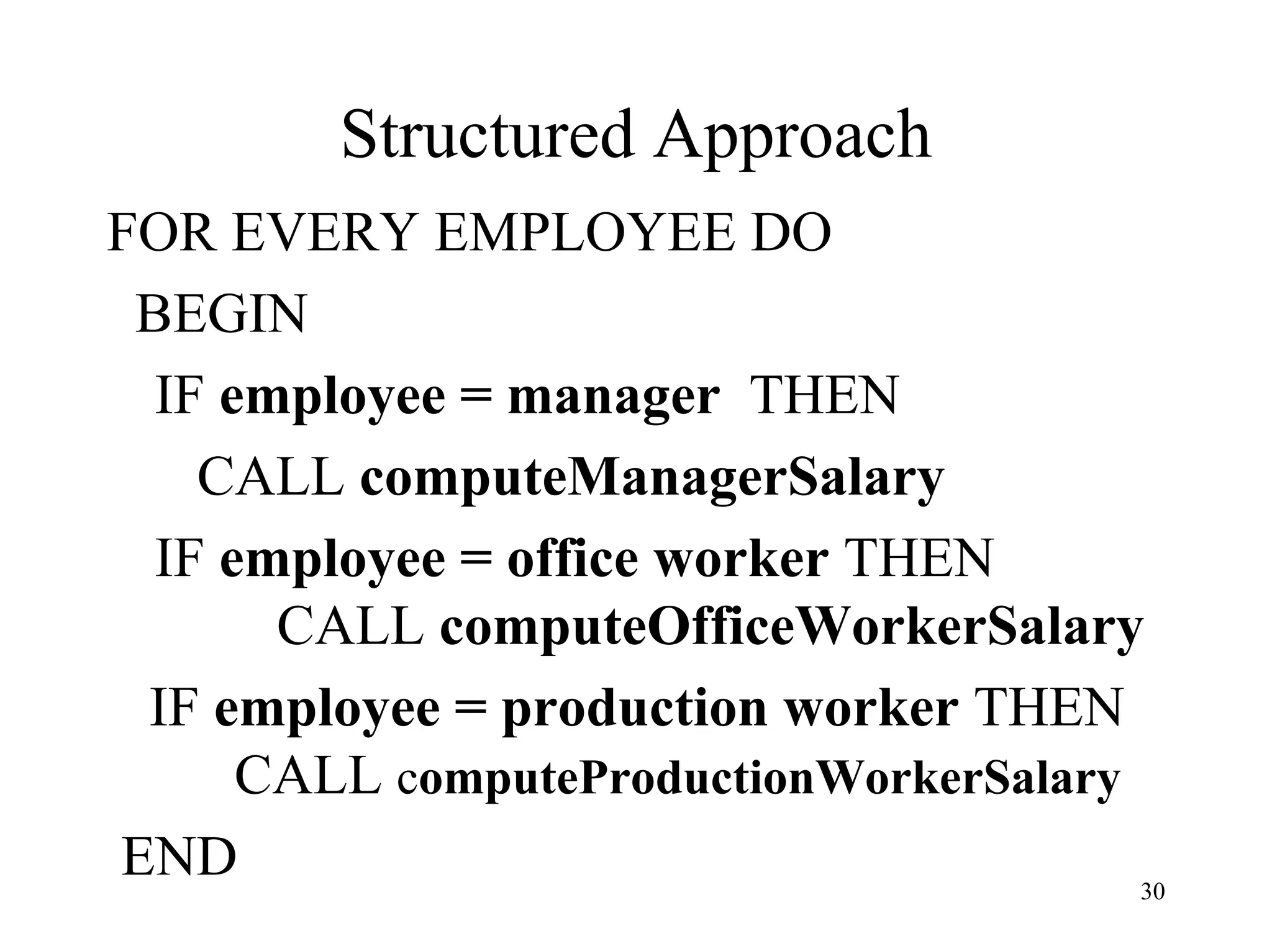 30
Structured Approach
FOR EVERY EMPLOYEE DO
BEGIN
IF employee = manager THEN
CALL computeManagerSalary
IF employee = office worker THEN
CALL computeOfficeWorkerSalary
IF employee = production worker THEN
CALL computeProductionWorkerSalary
END
 