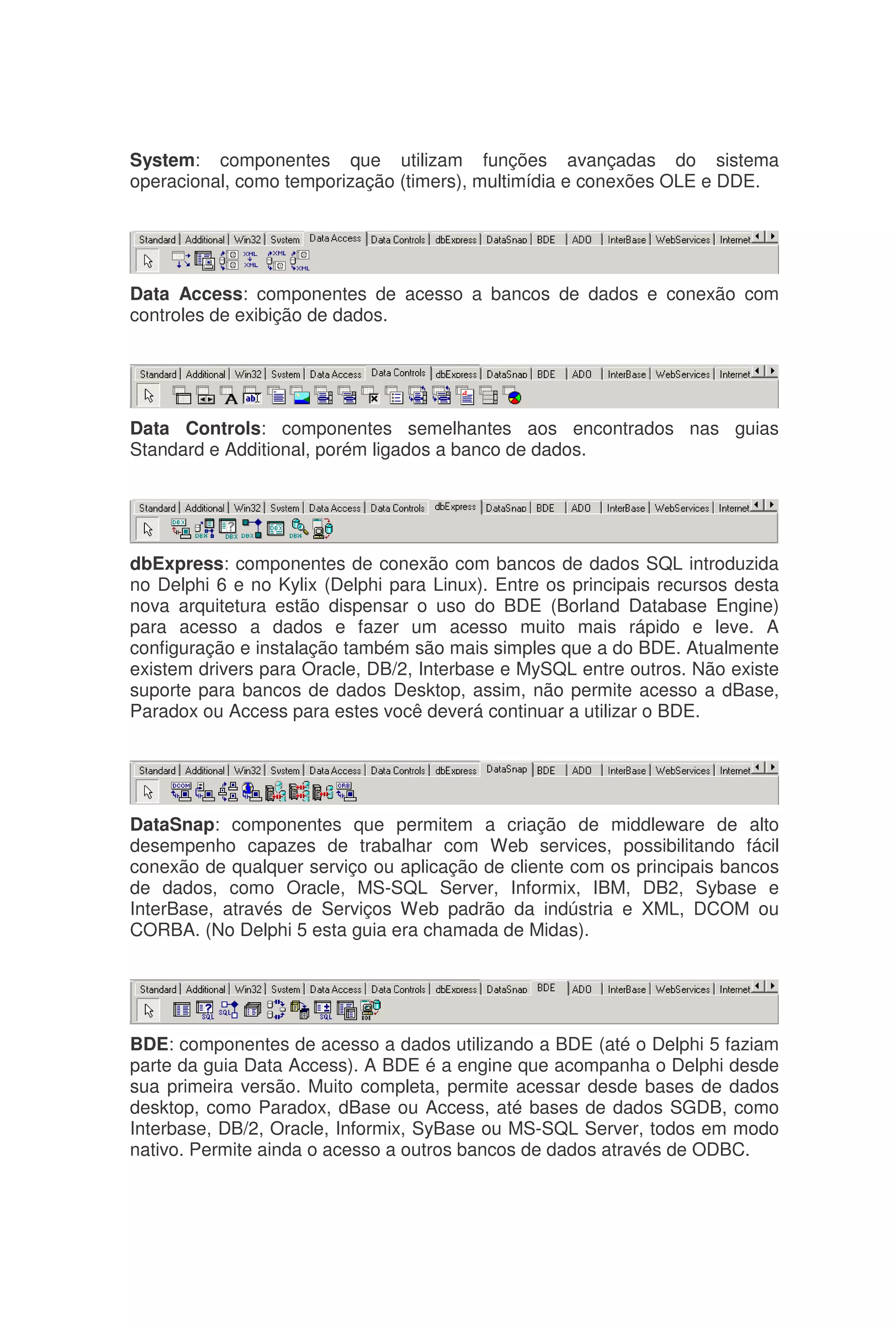 System: componentes que utilizam funções avançadas do sistema
operacional, como temporização (timers), multimídia e conexões OLE e DDE.
Data Access: componentes de acesso a bancos de dados e conexão com
controles de exibição de dados.
Data Controls: componentes semelhantes aos encontrados nas guias
Standard e Additional, porém ligados a banco de dados.
dbExpress: componentes de conexão com bancos de dados SQL introduzida
no Delphi 6 e no Kylix (Delphi para Linux). Entre os principais recursos desta
nova arquitetura estão dispensar o uso do BDE (Borland Database Engine)
para acesso a dados e fazer um acesso muito mais rápido e leve. A
configuração e instalação também são mais simples que a do BDE. Atualmente
existem drivers para Oracle, DB/2, Interbase e MySQL entre outros. Não existe
suporte para bancos de dados Desktop, assim, não permite acesso a dBase,
Paradox ou Access para estes você deverá continuar a utilizar o BDE.
DataSnap: componentes que permitem a criação de middleware de alto
desempenho capazes de trabalhar com Web services, possibilitando fácil
conexão de qualquer serviço ou aplicação de cliente com os principais bancos
de dados, como Oracle, MS-SQL Server, Informix, IBM, DB2, Sybase e
InterBase, através de Serviços Web padrão da indústria e XML, DCOM ou
CORBA. (No Delphi 5 esta guia era chamada de Midas).
BDE: componentes de acesso a dados utilizando a BDE (até o Delphi 5 faziam
parte da guia Data Access). A BDE é a engine que acompanha o Delphi desde
sua primeira versão. Muito completa, permite acessar desde bases de dados
desktop, como Paradox, dBase ou Access, até bases de dados SGDB, como
Interbase, DB/2, Oracle, Informix, SyBase ou MS-SQL Server, todos em modo
nativo. Permite ainda o acesso a outros bancos de dados através de ODBC.
 