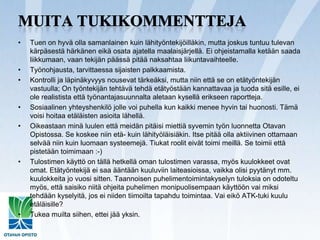 Muita tukikommenttejaTuen on hyvä olla samanlainen kuin lähityöntekijöilläkin, mutta joskus tuntuu tulevan kärpäsestä härkänen eikä osata ajatella maalaisjärjellä. Ei ohjeistamalla ketään saada liikkumaan, vaan tekijän päässä pitää naksahtaa liikuntavaihteelle.Työnohjausta, tarvittaessa sijaisten palkkaamista.Kontrolli ja läpinäkyvyys nousevat tärkeäksi, mutta niin että se on etätyöntekijän vastuulla; On työntekijän tehtävä tehdä etätyöstään kannattavaa ja tuoda sitä esille, ei ole realistista että työnantajasuunnalta aletaan kysellä erikseen raportteja.Sosiaalinen yhteyshenkilö jolle voi puhella kun kaikki menee hyvin tai huonosti. Tämä voisi hoitaa etäläisten asioita lähellä.Oikeastaan minä luulen että meidän pitäisi miettiä syvemin työn luonnetta Otavan Opistossa. Se koskee niin etä- kuin lähityöläisiäkin. Itse pitää olla aktiivinen ottamaan selvää niin kuin luomaan systeemejä. Tiukat roolit eivät toimi meillä. Se toimii että pistetään toimimaan :-)Tulostimen käyttö on tällä hetkellä oman tulostimen varassa, myös kuulokkeet ovat omat. Etätyöntekijä ei saa ääntään kuuluviin laiteasioissa, vaikka olisi pyytänyt mm. kuulokkeita jo vuosi sitten. Taannoisen puhelimentoimintakyselyn tuloksia on odoteltu myös, että saisiko niitä ohjeita puhelimen monipuolisempaan käyttöön vai miksi tehdään kyselyitä, jos ei niiden tiimoilta tapahdu toimintaa. Vai eikö ATK-tuki kuulu etäläisille?Tukea muilta siihen, ettei jää yksin.