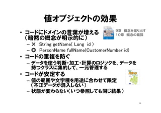 参照オブジェクト vs @Entity
• 参照オブジェクト(ドメイン駆動設計のEntity)
– 業務の主たる関心事の表現手段
– 集約のルート
– どういう「データ」を持つかではなく「何を知りたいか」を表現する
• JPA の @Entity
– データの入れものクラス（基本データ型のかたまり）
• テーブルのフラットな構造と対応づけ（@Tabel, @Column, @JoinColumn, …）
• 設計と実装が基本データ型だらけになりがち
– 業務の関心事との乖離
• 業務の関心事の基本は抽象データ型（計算結果や加工結果）
• テーブル間のキーによる関連づけが、必ずしも業務の主たる関心事ではない
– プログラムの変更コストがあがる
• @Entity を使う機能クラスがあちこちにできて、同じコードが重複しがち
• テーブルとオブジェクトの密結合が、リファクタリングの障害になる
54JPAは、ドメイン駆動設計を実践するための適切な手段ではない
 