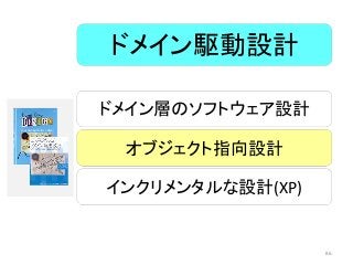 ドメイン層のソフトウェア設計
オブジェクト指向設計
インクリメンタルな設計(XP)
ドメイン駆動設計
86
 