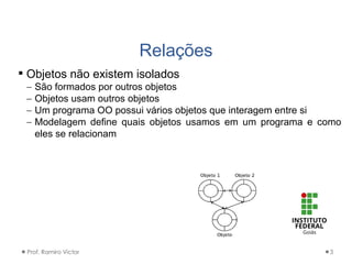 Relações
Prof. Ramiro Victor 3
 Objetos não existem isolados
 São formados por outros objetos
 Objetos usam outros objetos
 Um programa OO possui vários objetos que interagem entre si
 Modelagem define quais objetos usamos em um programa e como
eles se relacionam
 
