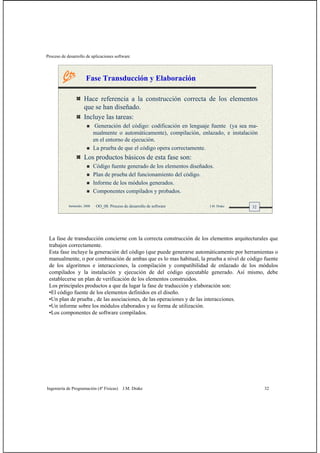 Proceso de desarrollo de aplicaciones software
Ingeniería de Programación (4º Físicas) J.M. Drake 32
32Santander, 2008 OO_08: Proceso de desarrollo de software J.M. Drake
Fase Transducción y Elaboración
Hace referencia a la construcción correcta de los elementos
que se han diseñado.
Incluye las tareas:
Generación del código: codificación en lenguaje fuente (ya sea ma-
nualmente o automáticamente), compilación, enlazado, e instalación
en el entorno de ejecución.
La prueba de que el código opera correctamente.
Los productos básicos de esta fase son:
Código fuente generado de los elementos diseñados.
Plan de prueba del funcionamiento del código.
Informe de los módulos generados.
Componentes compilados y probados.
La fase de transducción concierne con la correcta construcción de los elementos arquitecturales que
trabajen correctamente.
Esta fase incluye la generación del código (que puede generarse automáticamente por herramientas o
manualmente, o por combinación de ambas que es lo mas habitual, la prueba a nivel de código fuente
de los algoritmos e interacciones, la compilación y compatibilidad de enlazado de los módulos
compilados y la instalación y ejecución de del código ejecutable generado. Así mismo, debe
establecerse un plan de verificación de los elementos construidos.
Los principales productos a que da lugar la fase de traducción y elaboración son:
•El código fuente de los elementos definidos en el diseño.
•Un plan de prueba , de las asociaciones, de las operaciones y de las interacciones.
•Un informe sobre los módulos elaborados y su forma de utilización.
•Los componentes de software compilados.
 