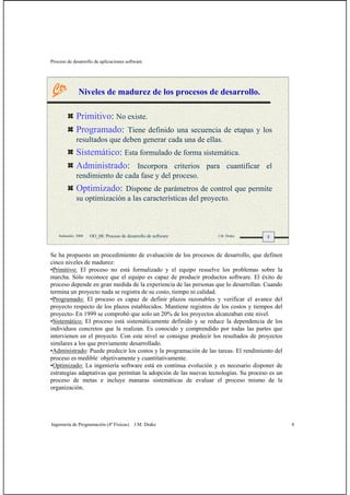 Proceso de desarrollo de aplicaciones software
Ingeniería de Programación (4º Físicas) J.M. Drake 8
8Santander, 2008 OO_08: Proceso de desarrollo de software J.M. Drake
Primitivo: No existe.
Programado: Tiene definido una secuencia de etapas y los
resultados que deben generar cada una de ellas.
Sistemático: Esta formulado de forma sistemática.
Administrado: Incorpora criterios para cuantificar el
rendimiento de cada fase y del proceso.
Optimizado: Dispone de parámetros de control que permite
su optimización a las características del proyecto.
Niveles de madurez de los procesos de desarrollo.
Se ha propuesto un procedimiento de evaluación de los procesos de desarrollo, que definen
cinco niveles de madurez:
•Primitivo: El proceso no está formalizado y el equipo resuelve los problemas sobre la
marcha. Sólo reconoce que el equipo es capaz de producir productos software. El éxito de
proceso depende en gran medida de la experiencia de las personas que lo desarrollan. Cuando
termina un proyecto nada se registra de su costo, tiempo ni calidad.
•Programado: El proceso es capaz de definir plazos razonables y verificar el avance del
proyecto respecto de los plazos establecidos. Mantiene registros de los costos y tiempos del
proyecto- En 1999 se comprobó que solo un 20% de los proyectos alcanzaban este nivel.
•Sistemático: El proceso está sistemáticamente definido y se reduce la dependencia de los
individuos concretos que la realizan. Es conocido y comprendido por todas las partes que
intervienen en el proyecto. Con este nivel se consigue predecir los resultados de proyectos
similares a los que previamente desarrollado.
•Administrado: Puede predecir los costos y la programación de las tareas. El rendimiento del
proceso es medible objetivamente y cuantitativamente.
•Optimizado: La ingeniería software está en continua evolución y es necesario disponer de
estrategias adaptativas que permitan la adopción de las nuevas tecnologías. Su proceso es un
proceso de metas e incluye manaras sistemáticas de evaluar el proceso mismo de la
organización.
 