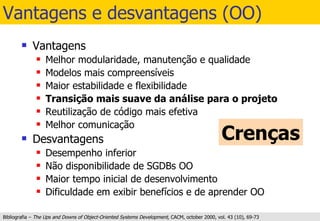 Vantagens e desvantagens (OO) Vantagens Melhor modularidade, manutenção e qualidade Modelos mais compreensíveis Maior estabilidade e flexibilidade Transição mais suave da análise para o projeto Reutilização de código mais efetiva Melhor comunicação Desvantagens Desempenho inferior Não disponibilidade de SGDBs OO Maior tempo inicial de desenvolvimento Dificuldade em exibir benefícios e de aprender OO Bibliografia –  The Ups and Downs of Object-Oriented Systems Development,  CACM, october 2000, vol. 43 (10), 69-73 Crenças 