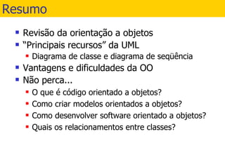 Resumo Revisão da orientação a objetos “ Principais recursos” da UML Diagrama de classe e diagrama de seqüência Vantagens e dificuldades da OO Não perca... O que é código orientado a objetos? Como criar modelos orientados a objetos? Como desenvolver software orientado a objetos? Quais os relacionamentos entre classes? 