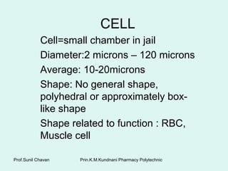 Prin.K.M.Kundnani Pharmacy PolytechnicProf.Sunil Chavan
CELL
Cell=small chamber in jail
Diameter:2 microns – 120 microns
Average: 10-20microns
Shape: No general shape,
polyhedral or approximately box-
like shape
Shape related to function : RBC,
Muscle cell
 