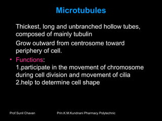 Prin.K.M.Kundnani Pharmacy PolytechnicProf.Sunil Chavan
Microtubules
• Thickest, long and unbranched hollow tubes,
composed of mainly tubulin
• Grow outward from centrosome toward
periphery of cell.
• Functions:
1.participate in the movement of chromosome
during cell division and movement of cilia
2.help to determine cell shape
 