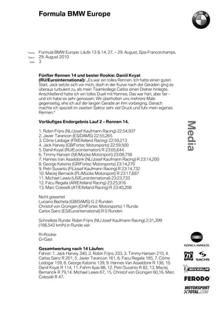 Formula BMW Europe




´Thema    Formula BMW Europe: Läufe 13 & 14, 27. – 29. August, Spa-Francorchamps.
Datum     29. August 2010
  Seite   3


          Fünfter Rennen 14 und bester Rookie: Daniil Kvyat
          (RU/Eurointernational): „Es war ein tolles Rennen. Ich hatte einen guten
          Start. Jack setzte sich vor mich, doch in der Kurve nach der Geraden ging es
          überaus turbulent zu, als mein Teamkollege Carlos einen Dreher hinlegte.
          Anschließend hatte ich ein tolles Duell mit Hannes. Das war hart, aber fair -
          und ich habe es sehr genossen. Wir überholten uns mehrere Male
          gegenseitig, ehe ich auf der langen Gerade an ihm vorbeiging. Danach
          machte ich speziell im zweiten Sektor sehr viel Druck und fuhr mein eigenes
          Rennen.“

          Vorläufiges Endergebnis Lauf 2 – Rennen 14.

          1. Robin Frijns (NL/Josef Kaufmann Racing) 22:54,937
          2. Javier Tarancon (ES/DAMS) 22:55,265
          3. Côme Ledogar (FR/Eifelland Racing) 22:59,213
          4. Jack Harvey (GB/Fortec Motorsports) 22:59,500
          5. Daniil Kvyat (RU/Eurointernation) R 23:05,644
          6. Timmy Hansen (SE/Mücke Motorsport) 23:08,758
          7. Hannes Van Asseldonk (NL/Josef Kaufmann Racing) R 23:14,200
          8. George Katsinis (GR/Fortec Motorsports) 23:14,270
          9. Petri Suvanto (FI/Josef Kaufmann Racing) R 23:14,732
          10. Maciej Bernacik (PL/Mücke Motorsport) R 23:17,687
          11. Michael Lewis (US/Eurointernational) 23:23,733
          12. Facu Regalia (AR/Eifelland Racing) 23:25,916
          13. Marc Coleselli (AT/Eifelland Racing) R 23:40,208

          Nicht gewertet
          Luciano Bacheta (GB/DAMS) G 2 Runden
          Christof von Grünigen (CH/Fortec Motorsports) 1 Runde
          Carlos Sainz (ES/Eurointernational) R 0 Runden

          Schnellste Runde: Robin Frijns (NL/Josef Kaufmann Racing) 2:31,399
          (166,542 km/h) in Runde vier

          R=Rookie
          G=Gast

          Gesamtwertung nach 14 Läufen:
          Fahrer: 1. Jack Harvey 340, 2. Robin Frijns 333, 3. Timmy Hansen 210, 4.
          Carlos Sainz R 201, 5. Javier Tarancon 161, 6. Facu Regalia 185, 7. Côme
          Ledogar 159, 8. George Katsinis 139, 9. Hannes Van Asseldonk R 138, 10.
          Daniil Kvyat R 114, 11. Fahmi Ilyas 88, 12. Petri Suvanto R 82, 13. Maciej
          Bernancik R 79,14. Michael Lewis 67, 15. Christof von Grünigen 60,16. Marc
          Coleselli R 47.
 