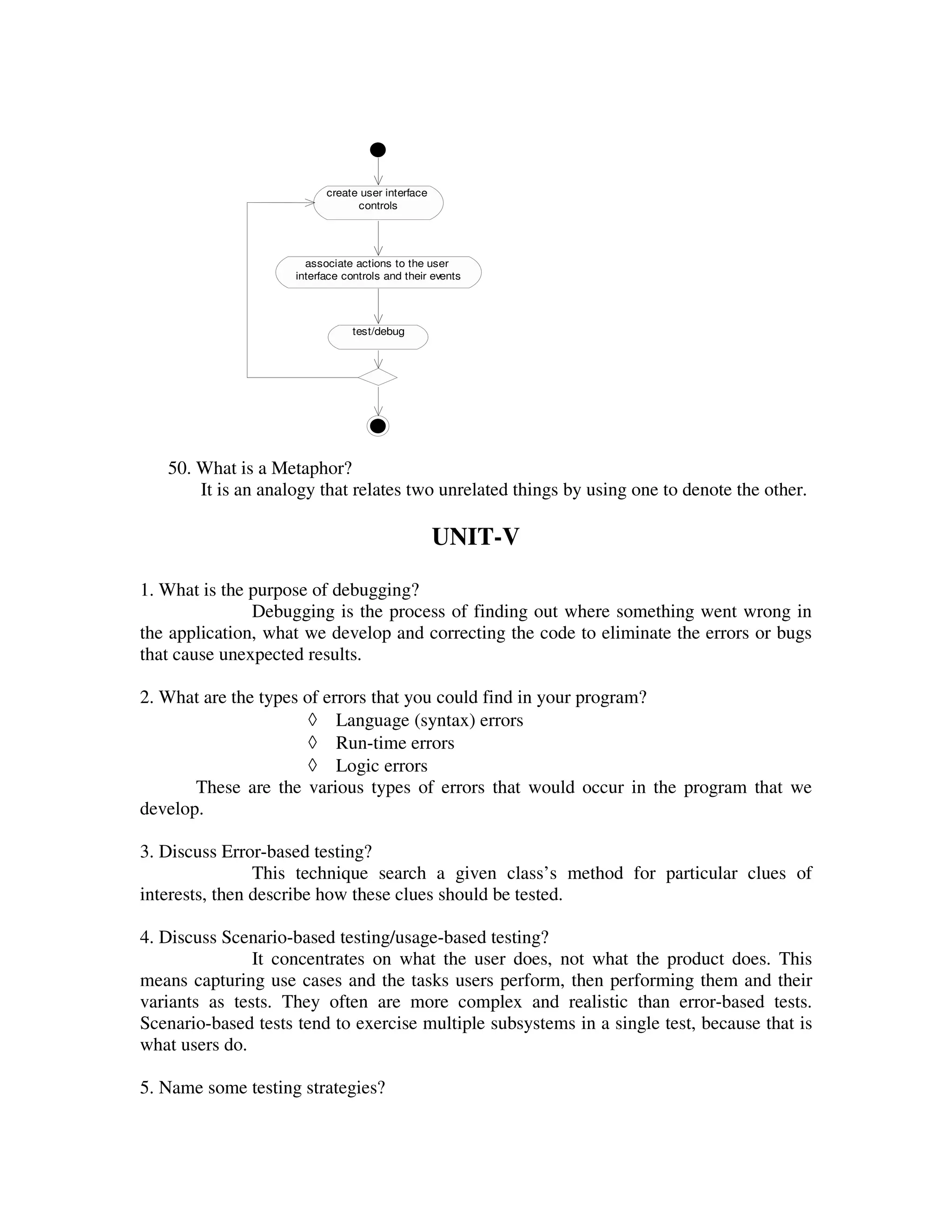 create user interface
                                 controls




                       associate actions to the user
                     interface controls and their events




                                 test/debug




   50. What is a Metaphor?
       It is an analogy that relates two unrelated things by using one to denote the other.

                                                   UNIT-V

1. What is the purpose of debugging?
               Debugging is the process of finding out where something went wrong in
the application, what we develop and correcting the code to eliminate the errors or bugs
that cause unexpected results.

2. What are the types of errors that you could find in your program?
                       ◊ Language (syntax) errors
                       ◊ Run-time errors
                       ◊ Logic errors
       These are the various types of errors that would occur in the program that we
develop.

3. Discuss Error-based testing?
                This technique search a given class’s method for particular clues of
interests, then describe how these clues should be tested.

4. Discuss Scenario-based testing/usage-based testing?
               It concentrates on what the user does, not what the product does. This
means capturing use cases and the tasks users perform, then performing them and their
variants as tests. They often are more complex and realistic than error-based tests.
Scenario-based tests tend to exercise multiple subsystems in a single test, because that is
what users do.

5. Name some testing strategies?
 