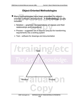 OOAD USING THE UNIFIED MODELING LANGUAGE (UML)          CHAPTER 1: OBJECT-ORIENTED ANALYSIS AND DESIGN




                    Object-Oriented Methodologies

• Many methodologies have been proposed for object-
           Evaluation
    oriented software development. A methodology usually
    includes:


             Copy
        Notation – graphical representations of classes and their
        relationships and interactions
        Process – suggested set of steps to carry out for transforming
        requirements into a working system
        Tool – software for drawings and documentation




                                            Tool




           Evaluation
                  Notation                                        Process




             Copy
            ©2007 /training/etc Inc.   REPRODUCTION OF THESE MATERIALS IS PROHIBITED.
                                                 1-5
 