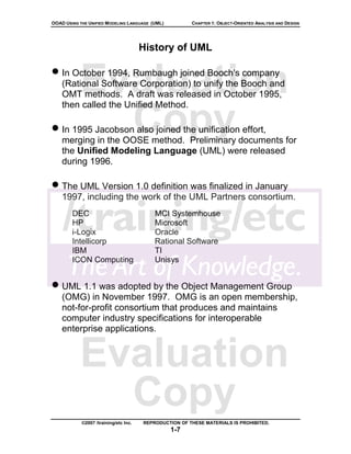 OOAD USING THE UNIFIED MODELING LANGUAGE (UML)          CHAPTER 1: OBJECT-ORIENTED ANALYSIS AND DESIGN




                                       History of UML

• In October 1994, Rumbaugh joined Booch's company
           Evaluation
    (Rational Software Corporation) to unify the Booch and
    OMT methods. A draft was released in October 1995,
    then called the Unified Method.

             Copy
• In 1995 Jacobson also joined the unification effort,
    merging in the OOSE method. Preliminary documents for
    the Unified Modeling Language (UML) were released
    during 1996.

• The UML Version 1.0 definition was finalized in January
    1997, including the work of the UML Partners consortium.
        DEC                                MCI Systemhouse
        HP                                 Microsoft
        i-Logix                            Oracle
        Intellicorp                        Rational Software
        IBM                                TI
        ICON Computing                     Unisys


• UML 1.1 was adopted by the Object Management Group
    (OMG) in November 1997. OMG is an open membership,
    not-for-profit consortium that produces and maintains
    computer industry specifications for interoperable
    enterprise applications.


           Evaluation
             Copy
            ©2007 /training/etc Inc.   REPRODUCTION OF THESE MATERIALS IS PROHIBITED.
                                                 1-7
 