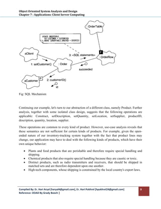 Object Oriented System Analysis and Design 
Chapter 7 : Applications: Client Server Computing 
 




Fig: SQL Mechanism



Continuing our example, let's turn to our abstraction of a different class, namely Product. Further
analysis, together with some isolated class design, suggests that the following operations are
applicable: Construct, setDescription, setQuantity, setLocation, setSupplier, productID,
description, quantity, location, supplier.

These operations are common to every kind of product. However, use-case analysis reveals that
these semantics are not sufficient for certain kinds of products. For example, given the open-
ended nature of our inventory-tracking system together with the fact that product lines may
change, our application may have to deal with the following kinds of products, which have their
own unique behavior:

    •   Plants and food products that are perishable and therefore require special handling and
        shipping.
    •   Chemical products that also require special handling because they are caustic or toxic.
    •   Distinct products, such as radio transmitters and receivers, that should be shipped in
        matched sets and are therefore dependent upon one another.
    •   High-tech components, whose shipping is constrained by the local country's export laws.




Compiled By: Er. Hari Aryal [haryal4@gmail.com], Er. Hari Pokhrel [hpokhrel24@gmail.com]         9 
Reference: OOAD By Grady Booch |  
 
 