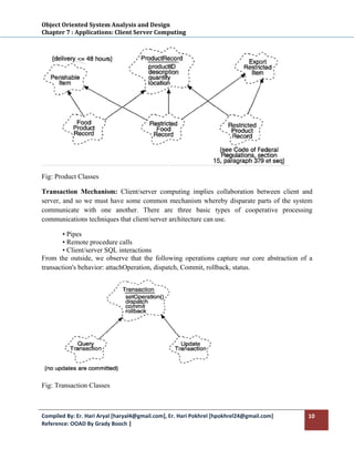 Object Oriented System Analysis and Design 
Chapter 7 : Applications: Client Server Computing 
 




Fig: Product Classes

Transaction Mechanism: Client/server computing implies collaboration between client and
server, and so we must have some common mechanism whereby disparate parts of the system
communicate with one another. There are three basic types of cooperative processing
communications techniques that client/server architecture can use.

        • Pipes
        • Remote procedure calls
        • Client/server SQL interactions
From the outside, we observe that the following operations capture our core abstraction of a
transaction's behavior: attachOperation, dispatch, Commit, rollback, status.




Fig: Transaction Classes



Compiled By: Er. Hari Aryal [haryal4@gmail.com], Er. Hari Pokhrel [hpokhrel24@gmail.com]    10 
Reference: OOAD By Grady Booch |  
 
 