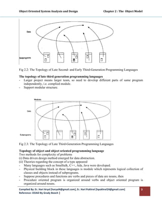 Object Oriented System Analysis and Design                                        Chapter 2 : The  Object Model 
 




Fig 2.2: The Topology of Late Second- and Early Third-Generation Programming Languages

The topology of late third generation programming languages
- Larger project means larger team, so need to develop different parts of same program
   independently, i.e. complied module.
- Support modular structure.




Fig 2.3: The Topology of Late Third-Generation Programming Languages

Topology of object and object oriented programming language
Two methods for complexity of problems
(i) Data driven design method emerged for data abstraction.
(ii) Theories regarding the concept of a type appeared
- Many languages such as Smalltalk, C++, Ada, Java were developed.
- Physical building block in these languages is module which represents logical collection of
     classes and objects instead of subprograms.
- Suppose procedures and functions are verbs and pieces of data are nouns, then
- Procedure oriented program is organized around verbs and object oriented program is
     organized around nouns.
Compiled By: Er. Hari Aryal [haryal4@gmail.com], Er. Hari Pokhrel [hpokhrel24@gmail.com]                      3 
Reference: OOAD By Grady Booch |  
 
 