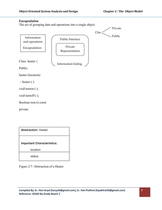 Object Oriented System Analysis and Design                                        Chapter 2 : The  Object Model 
 

Encapsulation
The act of grouping data and operations into a single object.
                                                                                   Private
                                                                    Clas
                                                                                   Public
          Information
                                    Public Interface
         and operations

         Encapsulation                  Private
                                     Representation


Class heater {
                                  Information hiding
Public:

heater (location):

    ~ heater ( ):

void turnon ( );

void turnoff ( );

Boolean ison () const

private:




     Abstraction: Heater

      

     Important Characteristics:

              location

              status


Figure 2.7: Abstraction of a Heater




Compiled By: Er. Hari Aryal [haryal4@gmail.com], Er. Hari Pokhrel [hpokhrel24@gmail.com]                      7 
Reference: OOAD By Grady Booch |  
 
 