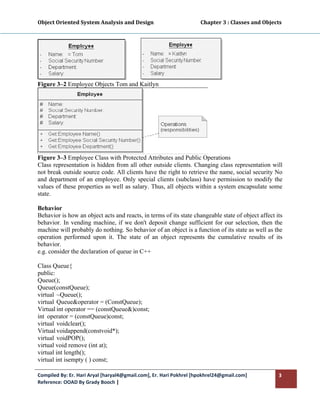 Object Oriented System Analysis and Design                                     Chapter 3 : Classes and Objects 
 




Figure 3–2 Employee Objects Tom and Kaitlyn




Figure 3–3 Employee Class with Protected Attributes and Public Operations
Class representation is hidden from all other outside clients. Changing class representation will
not break outside source code. All clients have the right to retrieve the name, social security No
and department of an employee. Only special clients (subclass) have permission to modify the
values of these properties as well as salary. Thus, all objects within a system encapsulate some
state.

Behavior
Behavior is how an object acts and reacts, in terms of its state changeable state of object affect its
behavior. In vending machine, if we don't deposit change sufficient for our selection, then the
machine will probably do nothing. So behavior of an object is a function of its state as well as the
operation performed upon it. The state of an object represents the cumulative results of its
behavior.
e.g. consider the declaration of queue in C++

Class Queue{
public:
Queue();
Queue(constQueue);
virtual ~Queue();
virtual Queue&operator = (ConstQueue);
Virtual int operator == (constQueue&)const;
int operator = (constQueue)const;
virtual voidclear();
Virtual voidappend(constvoid*);
virtual voidPOP();
virtual void remove (int at);
virtual int length();
virtual int isempty ( ) const;

Compiled By: Er. Hari Aryal [haryal4@gmail.com], Er. Hari Pokhrel [hpokhrel24@gmail.com]                     3 
Reference: OOAD By Grady Booch |  
 
 