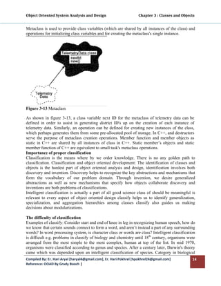 Object Oriented System Analysis and Design                                     Chapter 3 : Classes and Objects 
 

Metaclass is used to provide class variables (which are shared by all instances of the class) and
operations for initializing class variables and for creating the metaclass's single instance.




Figure 3-13 Metaclass

As shown in figure 3-13, a class variable next ID for the metaclass of telemetry data can be
defined in order to assist in generating district ID's up on the creation of each instance of
telemetry data. Similarly, an operation can be defined for creating new instances of the class,
which perhaps generates them from some pre-allocated pool of storage. In C++, and destructors
serve the purpose of metaclass creation operations. Member function and member objects as
static in C++ are shared by all instances of class in C++. Static member’s objects and static
member function of C++ are equivalent to small task's metaclass operations.
Importance of proper classification
Classification is the means where by we order knowledge. There is no any golden path to
classification. Classification and object oriented development: The identification of classes and
objects is the hardest part of object oriented analysis and design, identification involves both
discovery and invention. Discovery helps to recognize the key abstractions and mechanisms that
form the vocabulary of our problem domain. Through invention, we desire generalized
abstractions as well as new mechanisms that specify how objects collaborate discovery and
inventions are both problems of classifications.
Intelligent classification is actually a part of all good science class of should be meaningful is
relevant to every aspect of object oriented design classify helps us to identify generalization,
specialization, and aggregation hierarchies among classes classify also guides us making
decisions about modularizations.

The difficulty of classification
Examples of classify: Consider start and end of knee in leg in recognizing human speech, how do
we know that certain sounds connect to form a word, and aren’t instead a part of any surrounding
words? In word processing system, is character class or words are class? Intelligent classification
is difficult e.g. problems in classify of biology and chemistry until 18th century, organisms were
arranged from the most simple to the most complex, human at top of the list. In mid 1970,
organisms were classified according to genus and species. After a century later, Darwin's theory
came which was depended upon an intelligent classification of species. Category in biological
Compiled By: Er. Hari Aryal [haryal4@gmail.com], Er. Hari Pokhrel [hpokhrel24@gmail.com]                     14 
Reference: OOAD By Grady Booch |  
 
 