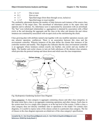 Object Oriented System Analysis and Design                                                 Chapter 4 : The  Notation 
 

    • 1..*            One or more
    • 0..1            Zero or one
    • 3..7            Specified range (from three through seven, inclusive)
    • 1..3,7          Specified range or exact number
The cardinality adornment denotes the number of links between each instance of the source class
and instance of the target class. The arrowhead of inheritance points to the super class and
opposite end to subclass. So, inheritance icon is represented by association with an arrowhead.
The "has" icon (whole/part relationship i.e. aggregation) is denoted by association with a filled
circle at the end denoting the aggregate and the class at the other end denotes the part whose
instances are contained by association with on open circle at the end denoting the client.

Class growing plan with attribute named crop together with one modifier operation execute, and
one selector operation, conHarvest. There is an association between this class and the
environment controller. Wherein instances of the plan define the climate that instances of the
controller monitor and modify. This diagram also indicates that the class environment controller
is an aggregate whose instances contain exactly one heather, one cooler and any number of
lights. The heather and cooler classes in turn are both subclasses of the abstract class actuator,
which provides the protocol startup and shout down and which uses the class temperature.




Fig: Hydroponics Gardening System Class Diagram

Class categories: A class category is aggregate containing classes and other class categories, in
the same sense that a class is an aggregate containing operations and other classes. Each class in
the system must live in a single class category or at the top level of the system. Unlike a class, a
class category does not directly contribute state or operations to the model. For contain class
diagrams, it is useful to expose some of the classes certain in a particular class category. The list
of classes in the class diagram represents an elided new of the class category's specification.

Compiled By: Er. Hari Aryal [haryal4@gmail.com], Er. Hari Pokhrel [hpokhrel24@gmail.com]                           5 
Reference: OOAD By Grady Booch |  
 
 